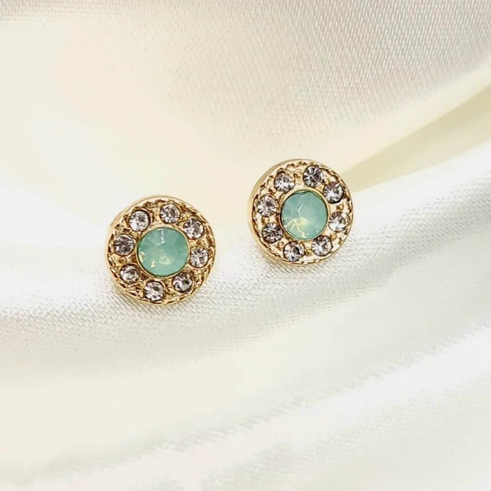 Gold Seafoam Diamond Halo Rhinestone Stud Button Earrings
